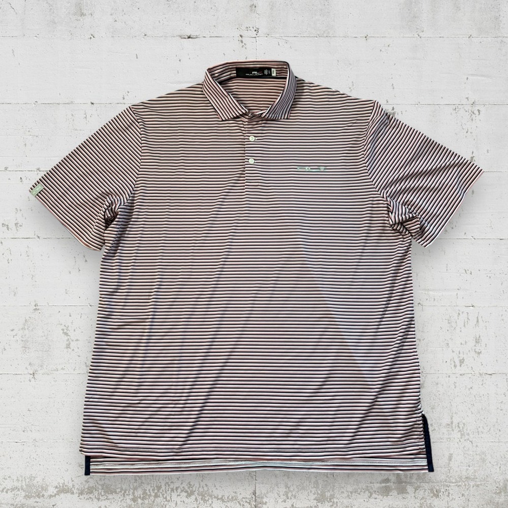 RLX Ralph Lauren Polo Shirt Mens XL Pink Blue Striped Performance Wicking